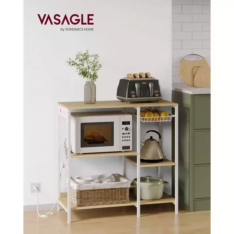 Baker's Rack Coffee Bar Stand with Charging Station, Pull-Out Wire Basket & Adjustable Shelves, 400 lbs