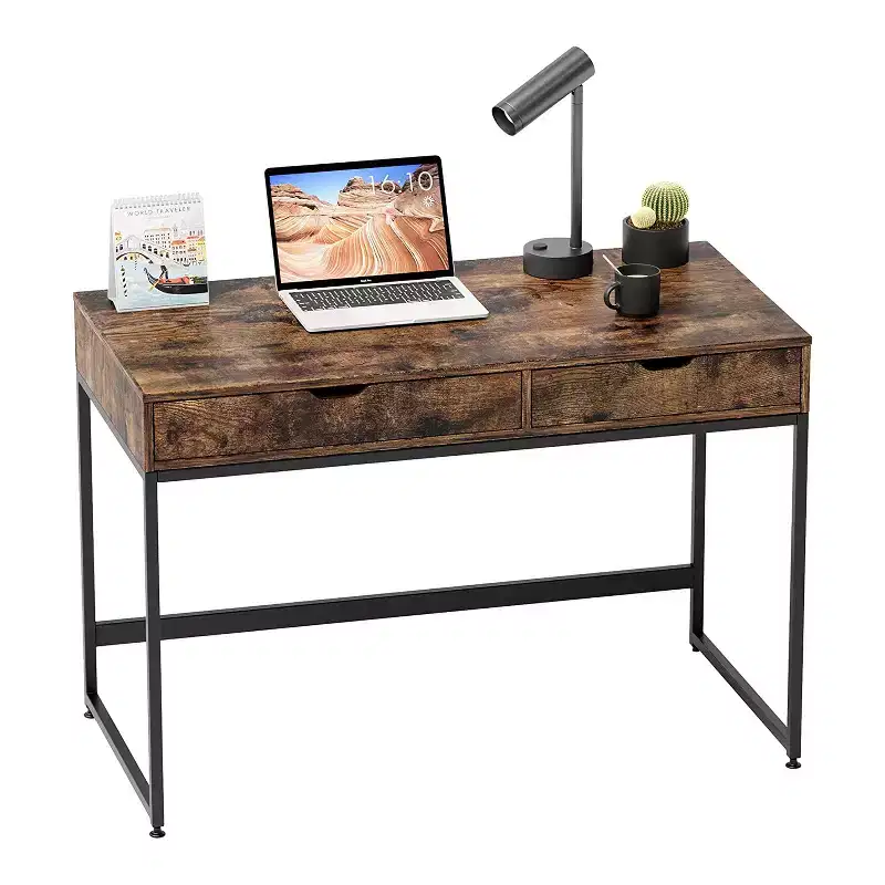 Small Rectangular Office Writing Desk – 2 Large Drawers, Rustic Brown