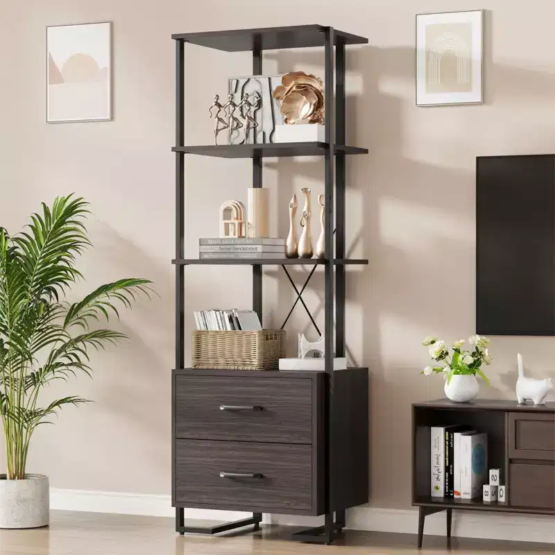 3 Tier Bookshelf, Book Shelf Storage Organizer, Wood Bookcase with 2 Drawers, Industrial Display Standing Shelf for Office Bedroom Living Room, Brown