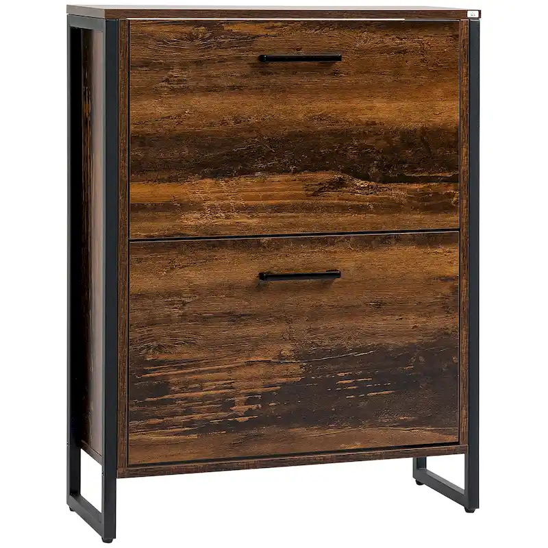 Narrow Flip-Door Shoe Cabinet – Rustic Brown, Industrial Style, Holds 12 Pairs