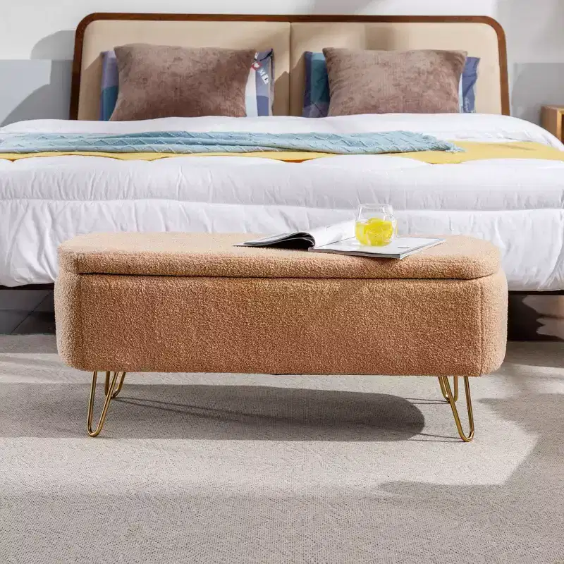 TUYOHW Faux Fur Storage Ottoman Bench,Bed Bench with Storage,Gold Metal Legs,Modern Upholstered End of Bed Bench for Living Room,Bedroom,Entryway