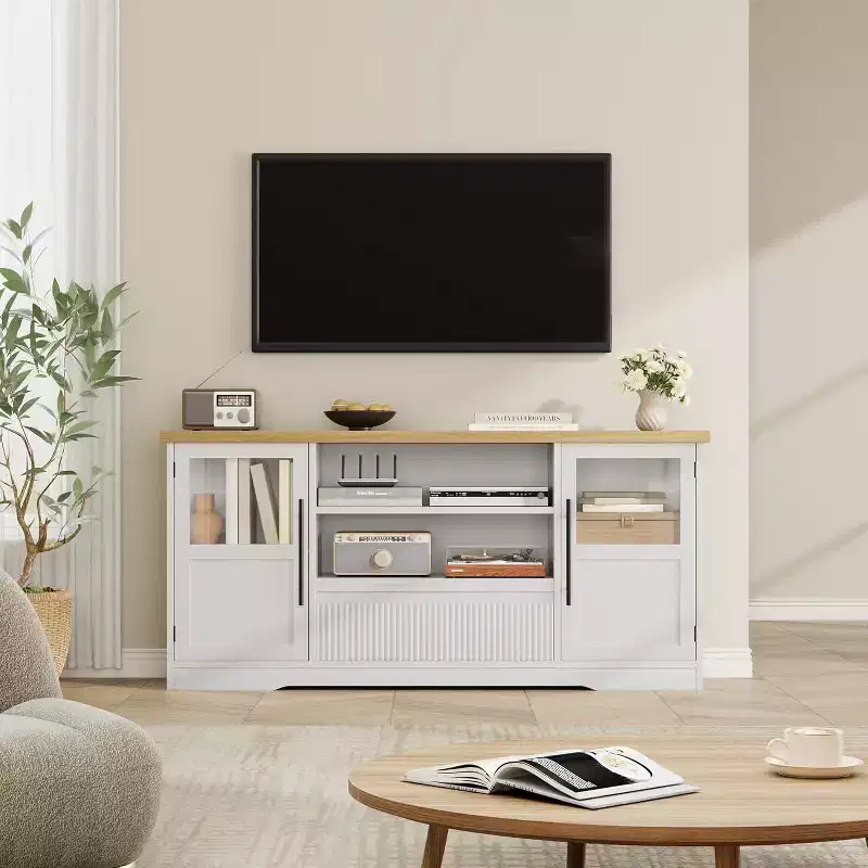 63 TV Stand for TVs up to 72 - Farmhouse Wave Design Entertainment Center with 2 Glass Door Cabinets & Open Shelves, Media Console for Living Room