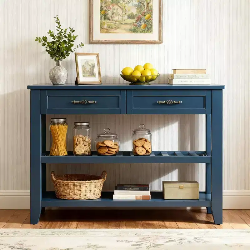 Hostack 42'' Console Table Sideboard with 2 Storage Drawers and 2 Tiers Shelves for Living and Dining Room, Navy