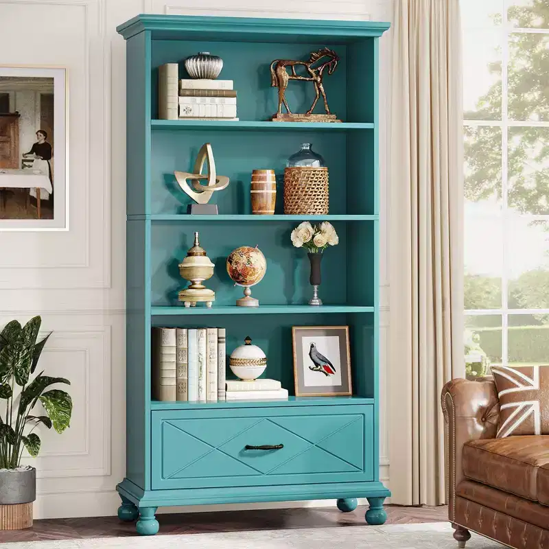 LITTLE TREE 70.87" 6 Shelf Bookcase with Drawer and Solid Wood Legs Ocean Blue