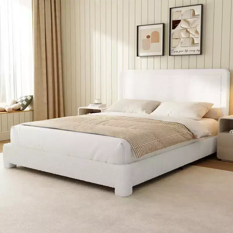Upholstered Boucle Fabric Bed Frame with Adjustable Headboard – Twin