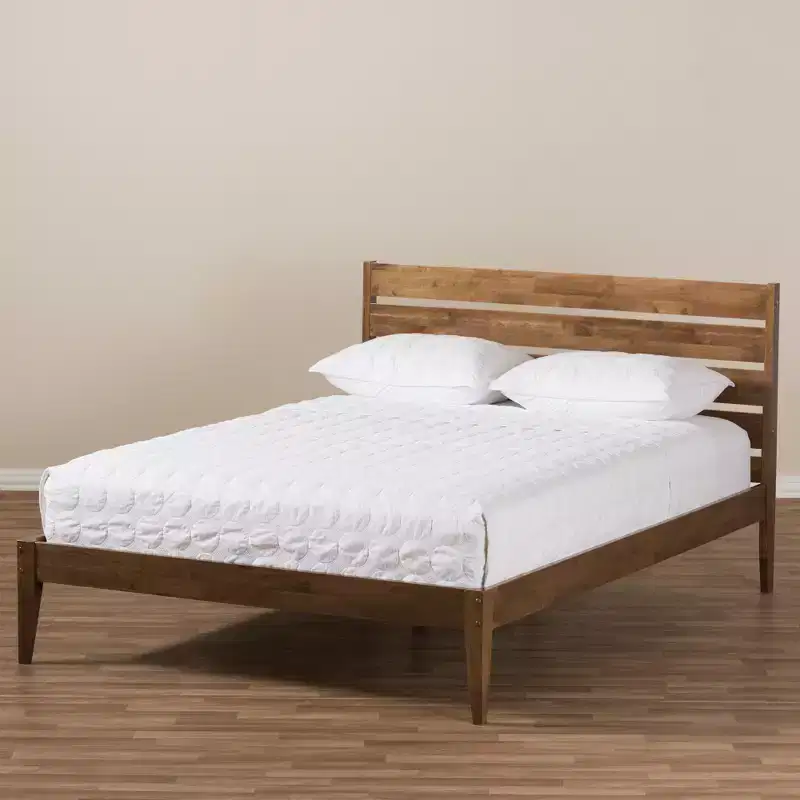 Elmdon Mid Century Modern Solid Wood Slatted Headboard Style Platform Bed Brown - Baxton Studio