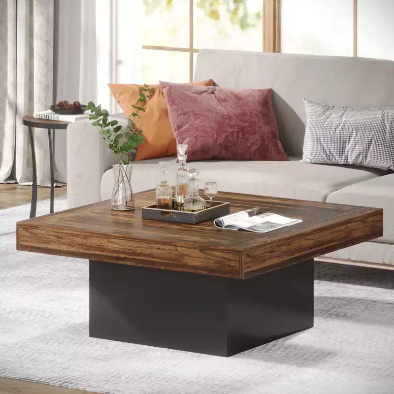 LITTLE TREE Square Farmhouse Wood Coffee Table with LED Brown/Black