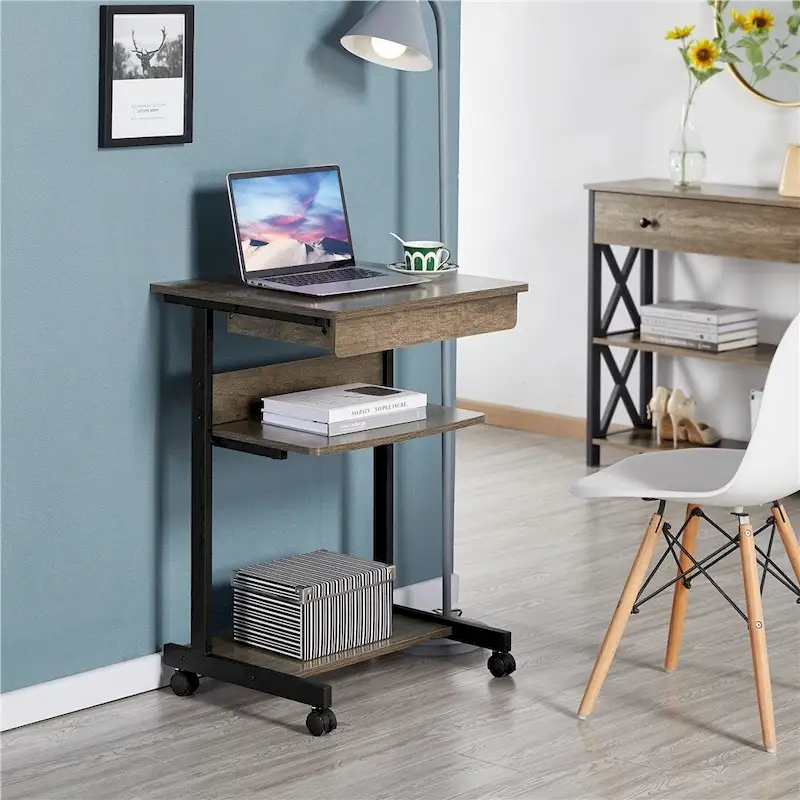 Rolling Computer Desk with Drawer & Shelf – Mobile Tray Table for Home Office