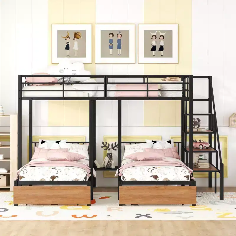 Full over Twin-Twin Triple Bunk Bed with Drawers and Staircase