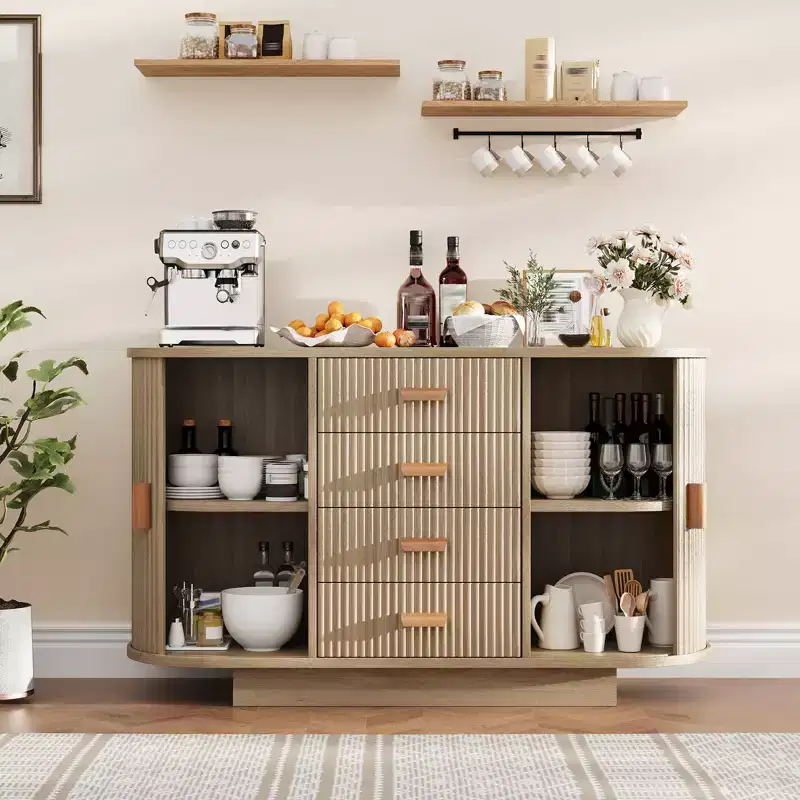 47'' Sideboard Buffet Cabinet with Storage,Fluted Coffee Bar Cabinet with 4 Drawers & 2 Sliding Doors,Wood Buffet Table for Kitchen, Living Room