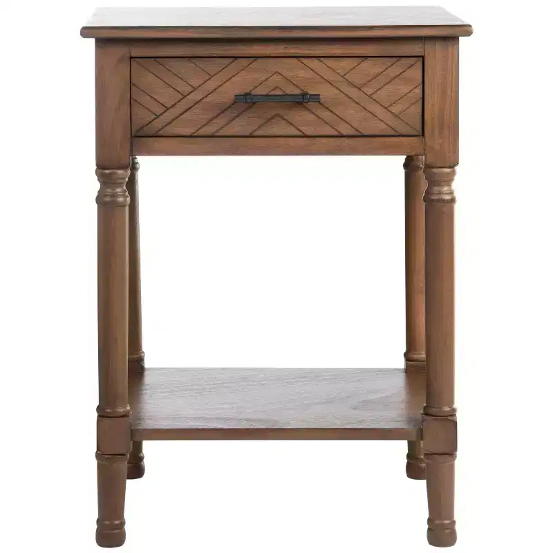 1-Drawer Accent Side Table with Herringbone Detail & Open Shelf, Distressed White