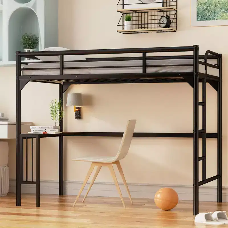 Bellemave Twin Metal Loft Bed with Desk, Ladder and Guardrails,bookdesk under bed , Black