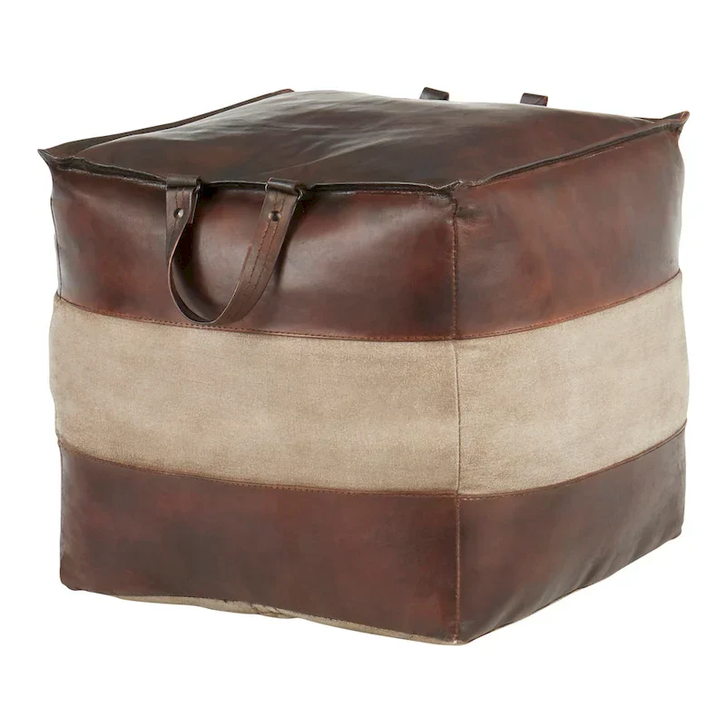 Leather & Canvas Pouf Ottoman – Brown/Tan, Black/Grey, Espresso/Tan – 1 Person