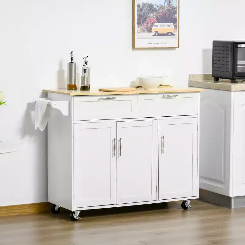 Okak Modern Kitchen Island with Wooden Top, Kitchen Cart with Storage Drawers and Adjustable Shelves, Rolling Kitchen Island for Home, White