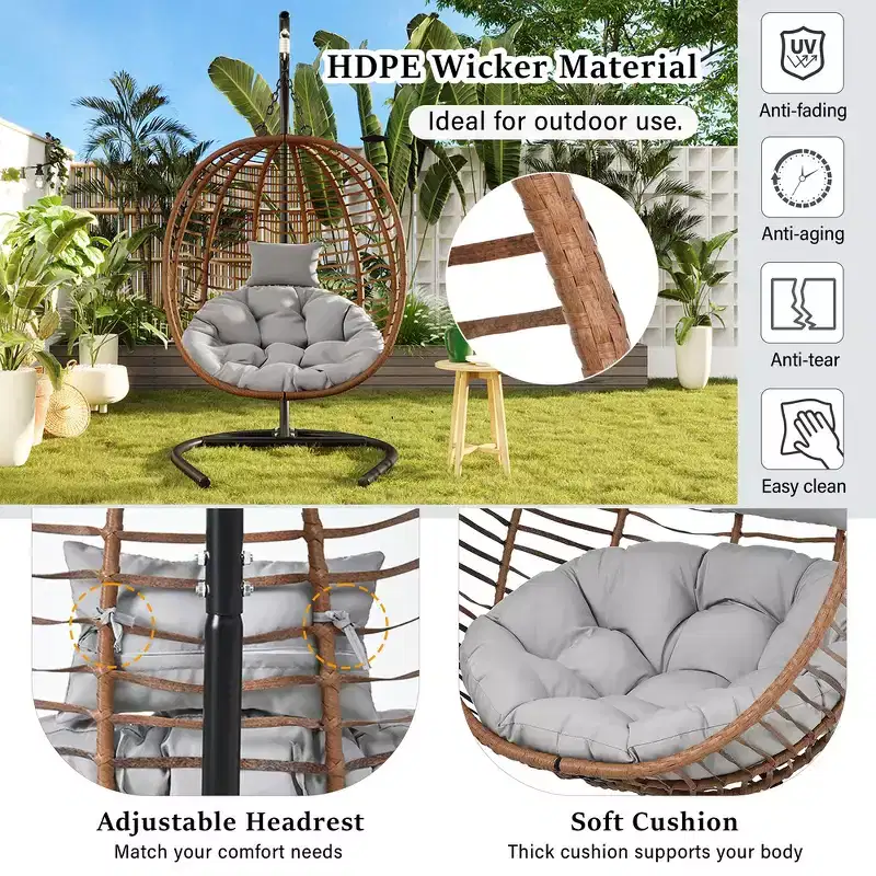 Whisen Single Person Folding Egg Chair with Stand, Hammock Swing Chair with Adjustable Anti-Slip Feet