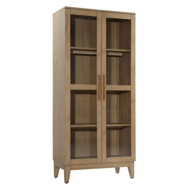 Natural Rubberwood, Oak Veneer & Glass Cabinet with Open Display Design for Living Room