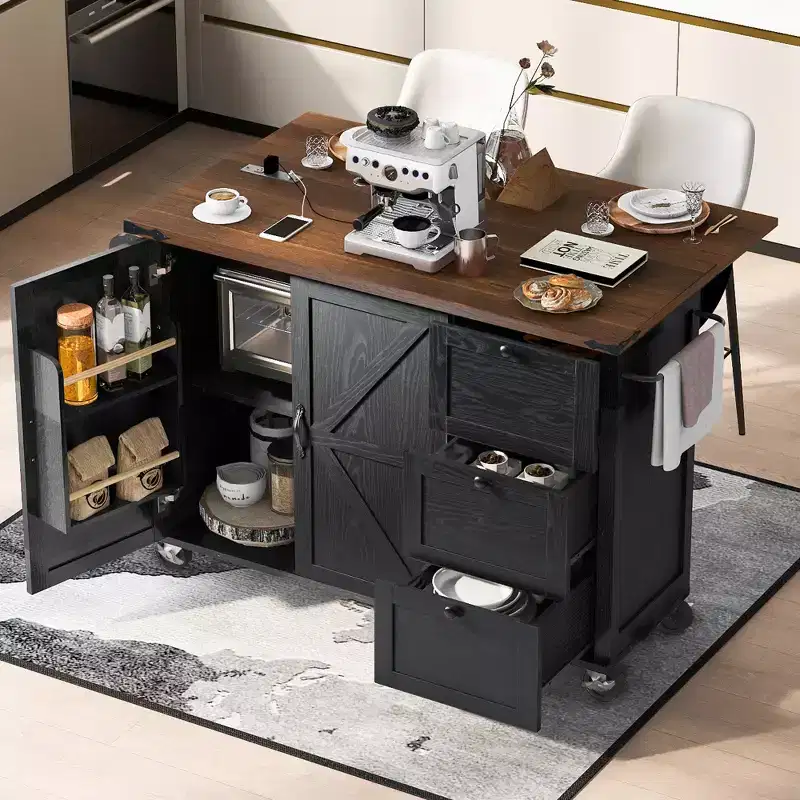 JVNOXK-54.5-inch Farmhouse-Style Kitchen Island with Power Outlet, Built-in Storage Shelves, and Black Wheeled Kitchen Cart