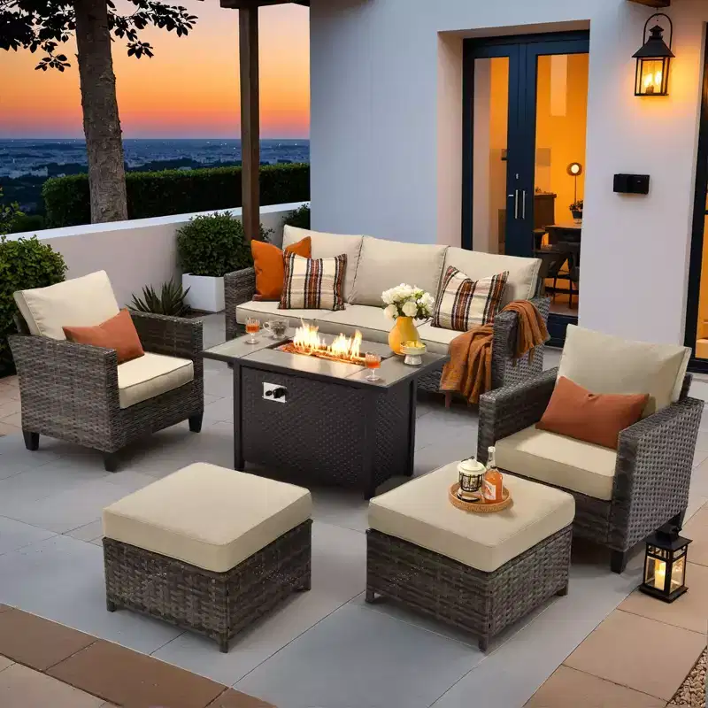 HOMLUX 6-Piece Patio Set w/ 42 Steel Fire Pit, 3-Seater Sofa, Single Chairs & Ottomans
