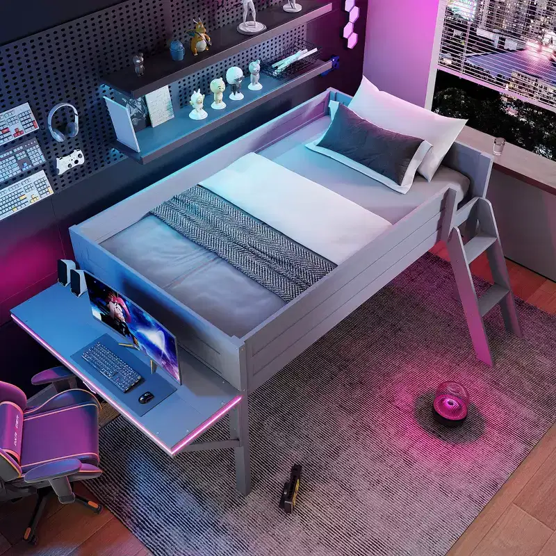 Wood Twin Size Gaming Loft Bed with Desk and LED, Wooden Bed Frame with Wood Desktop for Gaming Room