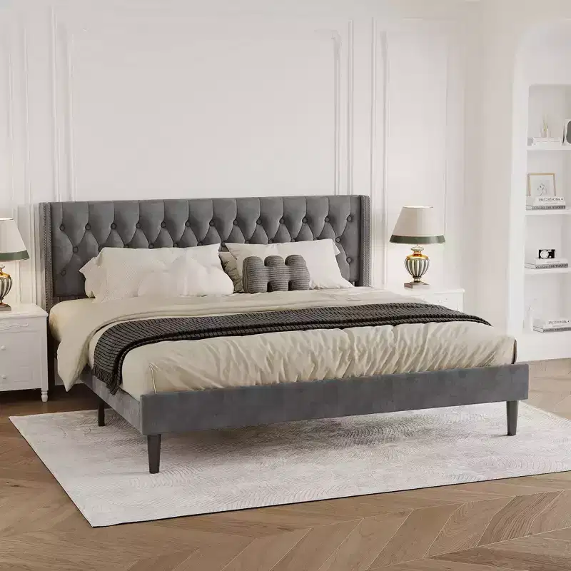 Velvet King Size Bed Frame with Wingback Design, Deep Button Tufting, Metal Stability, Easy Assembly