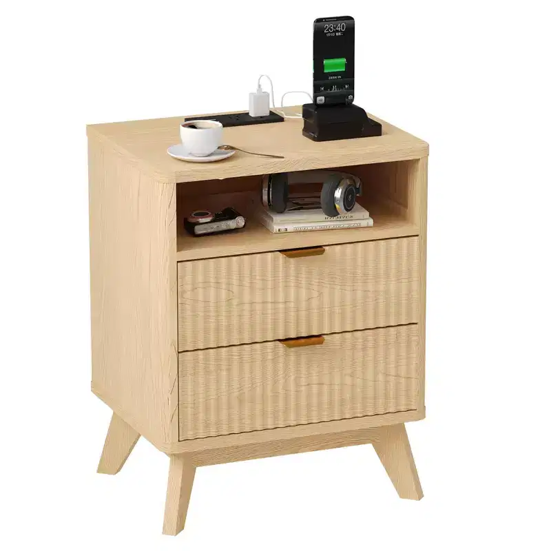 Modern Fluted Nightstand, Wood Side Table, End Table with 2 Drawers + Open Shelf,Bedside Table for Bedroom, Living Room