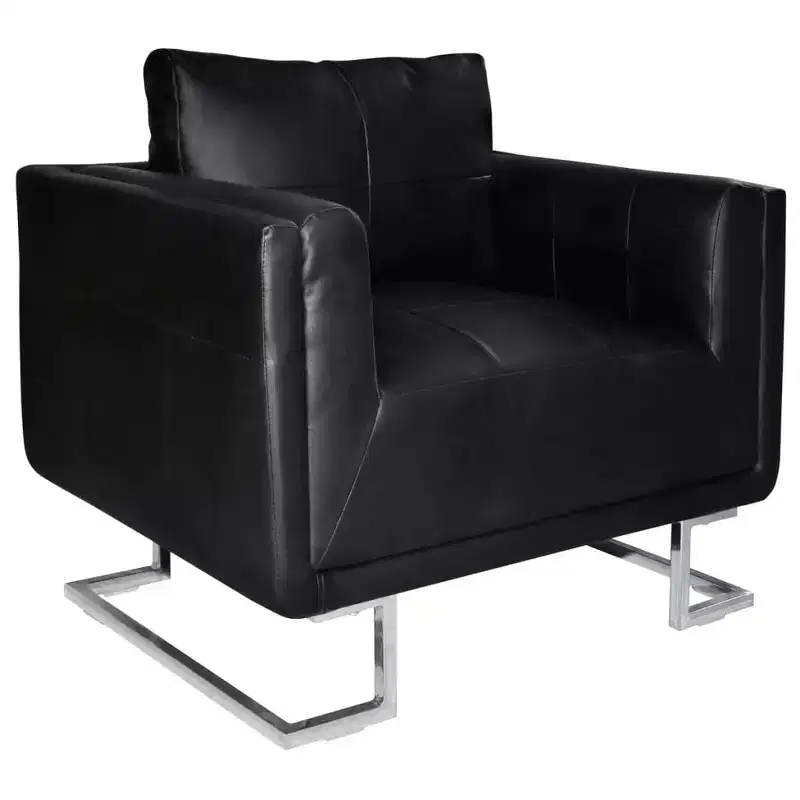 Modern Cube Armchair with Chrome Feet, Upholstered with Black Leather - Black