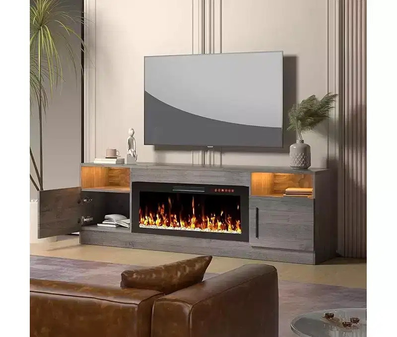 TV Stand with LED Light (Up to 75 TVs), 70 Modern Wood Media TV Console with Storage Cabinet for Living Room (Fireplace Not Included)