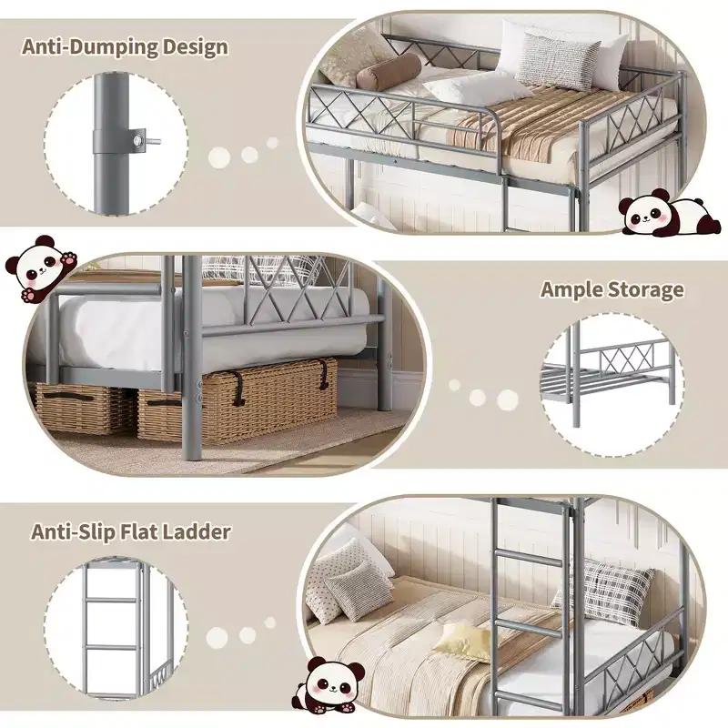 Bunk Bed Twin Over Twin with Extra High Guardrail, Heavy Duty Metal Frame & Sturdy Slats, No Box Spring Needed