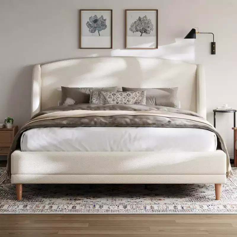 Christopher Knight Home Nicky Boucle Upholstered Platform Bed with Wingback Headboard, White