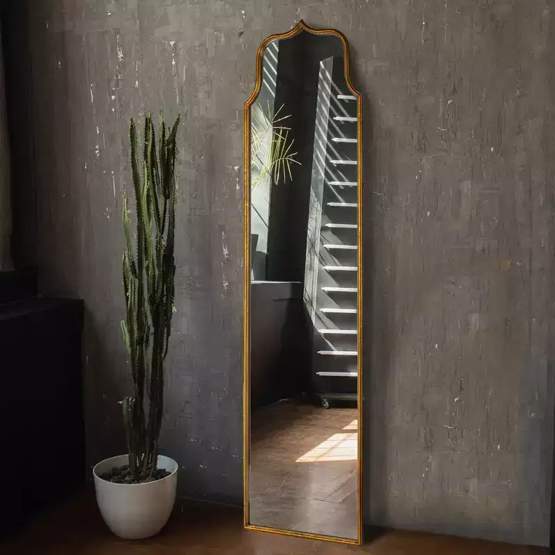Arched Floor Length Metal Framed Wall Mirror, Antique Gold, 70 Inch