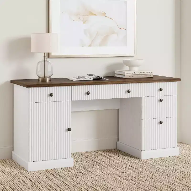Home Office Desk Storage, 60 Inch Desk with Charging Station and Recessed, Wooden Computer Desk Writing Desk with File Drawer for Study Room