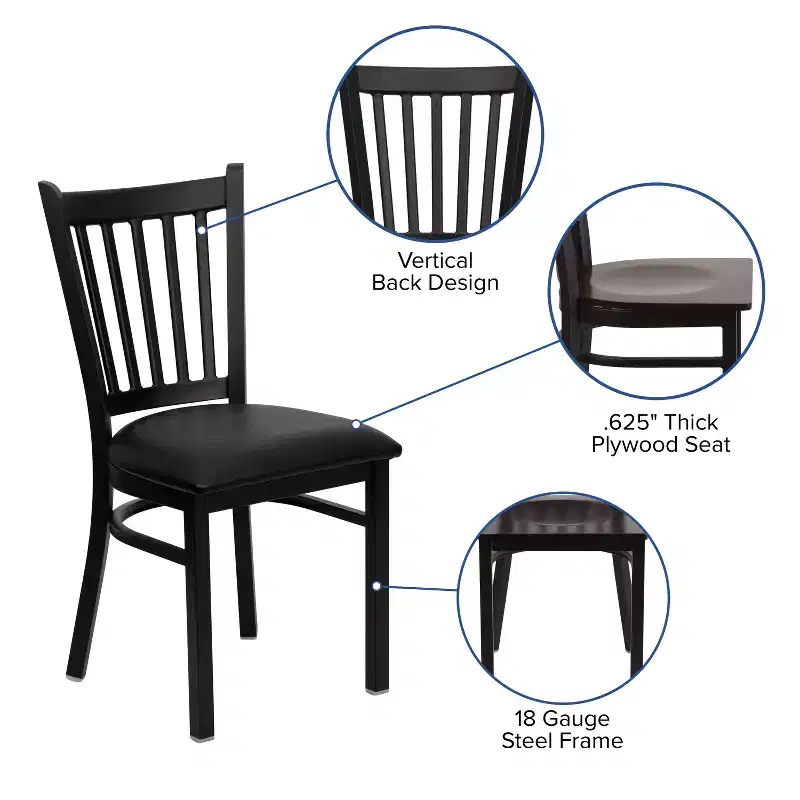 Black Metal Frame Vertical Back Dining Chair – Vinyl or Wood Seat, Seats 1