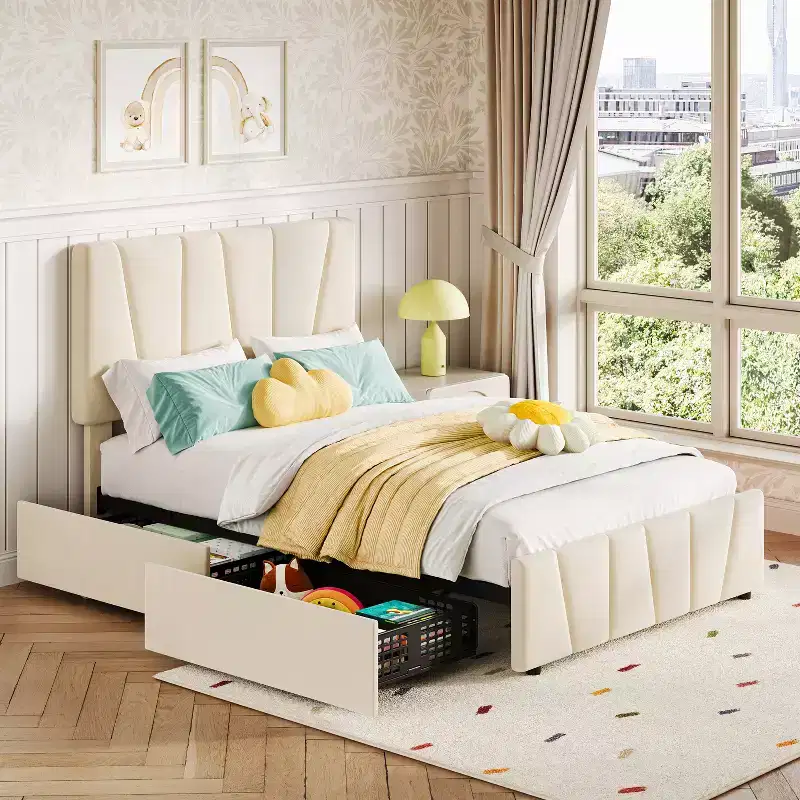 Modern Linen Upholstered Bed Frame, Platform Bed Frame with Adjustable Headboard, 2/4 Storage Drawers, No Box Spring Needed