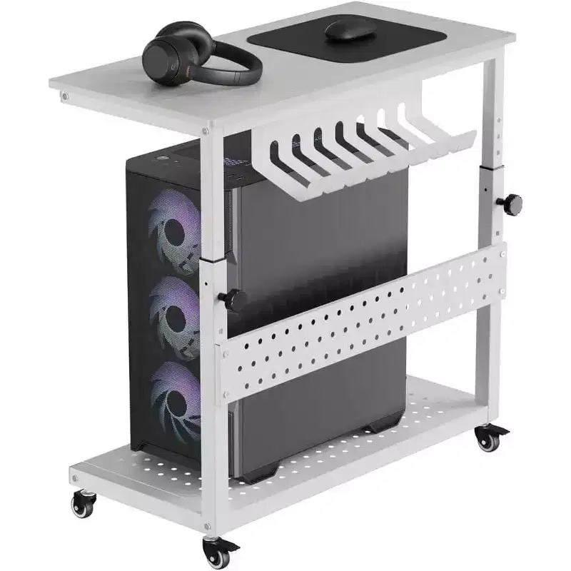 Adjustable 2-Tier Computer Tower Cart with Wheels, Mobile CPU Stand with Cable Management and Hooks, Compact Side Table for Gaming or Home Office