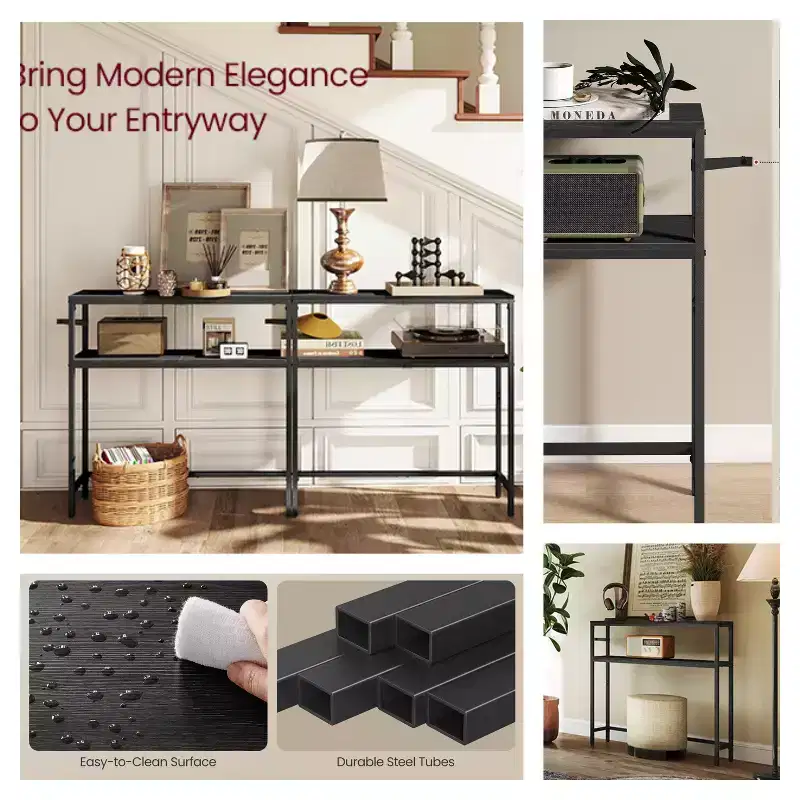 LEDREM Modern 2-Tier Console Table, Narrow Sofa Table with Dual Shelves, Entryway Table, Sturdy Steel Frame, Ink Black