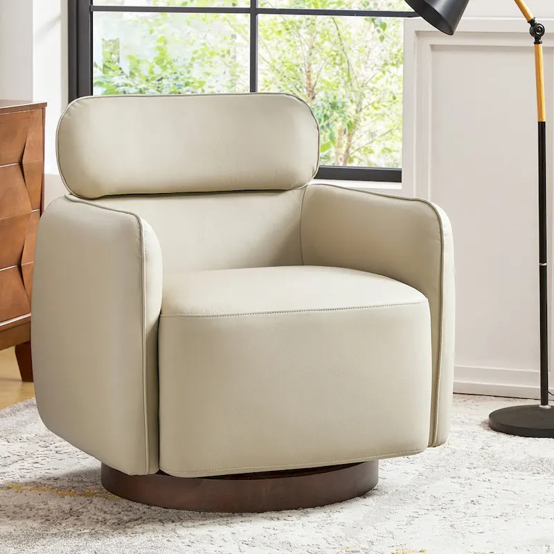 Modern Swivel Genuine Leather Barrel Chair