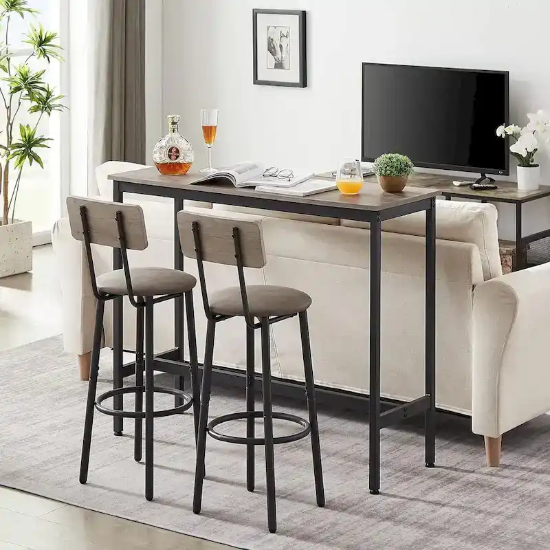 3 Pieces Bar Table and 2 Chairs Set, Industrial Style Bar Stools PU Upholstery Seat with Backrest