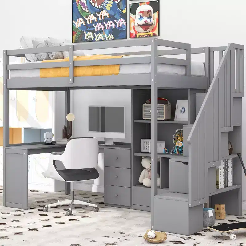 Twin Size Loft Bed with L-Shaped Desk and Storage Staircase, Wooden High Loftbed Frame with Drawers & Cabinet for Bedroom Dorm