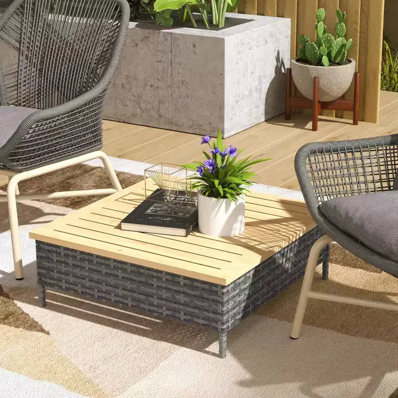 Outdoor PE Rattan Side Table – Gray / Natural Wood