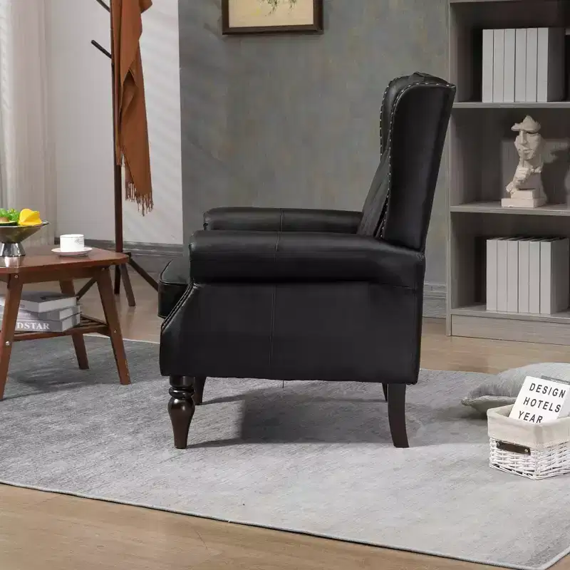Wood Frame Armchair, Sturdy Wood Legs, Living Room Bedroom, Black PU