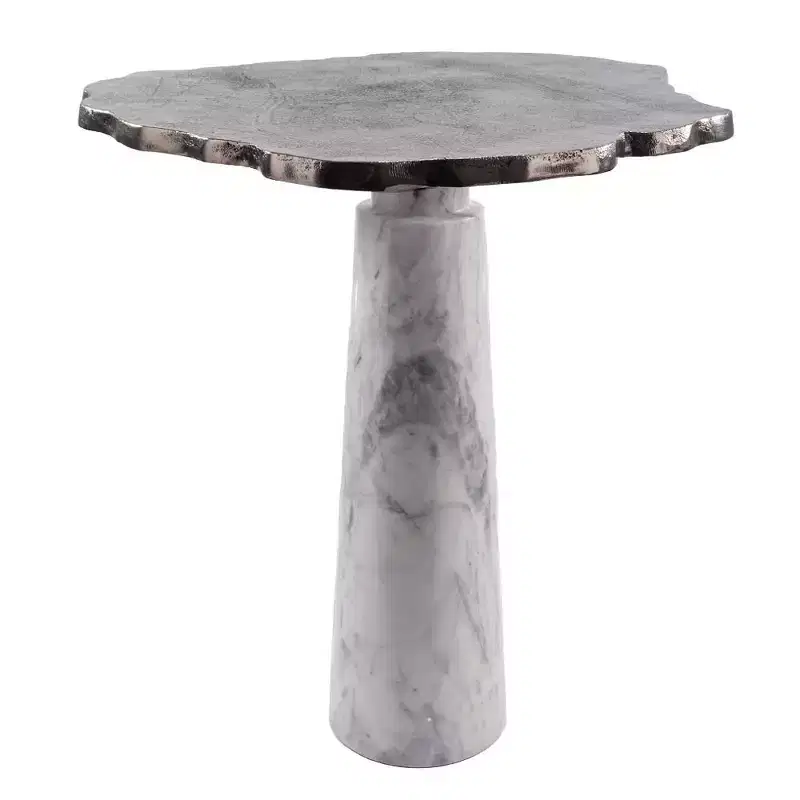 HomeRoots 22 Silver and White Aluminum and Marble Pedestal End Table