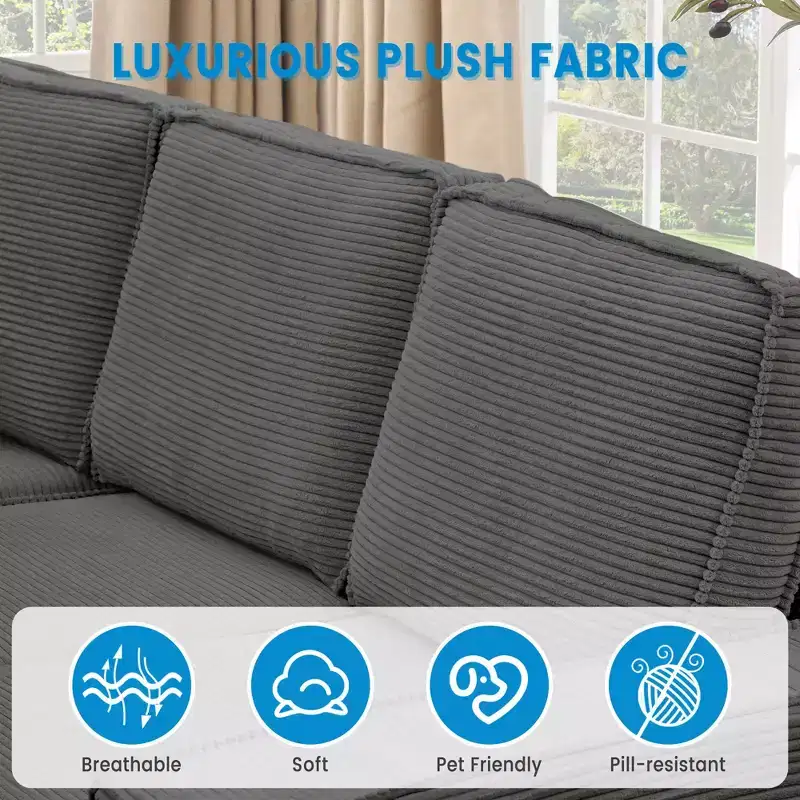 Sofa, Modular Sectional 4-Seater  Convertible Deep Couch with Chaise/Wide Armrests Plush Corduroy Loveseat for Living Room/Office Gray