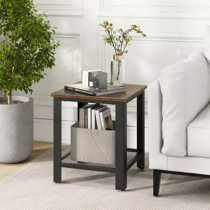 Costway Industrial End Table 2-Tier Side Table with Storage Shelf Rustic Sofa Table Black