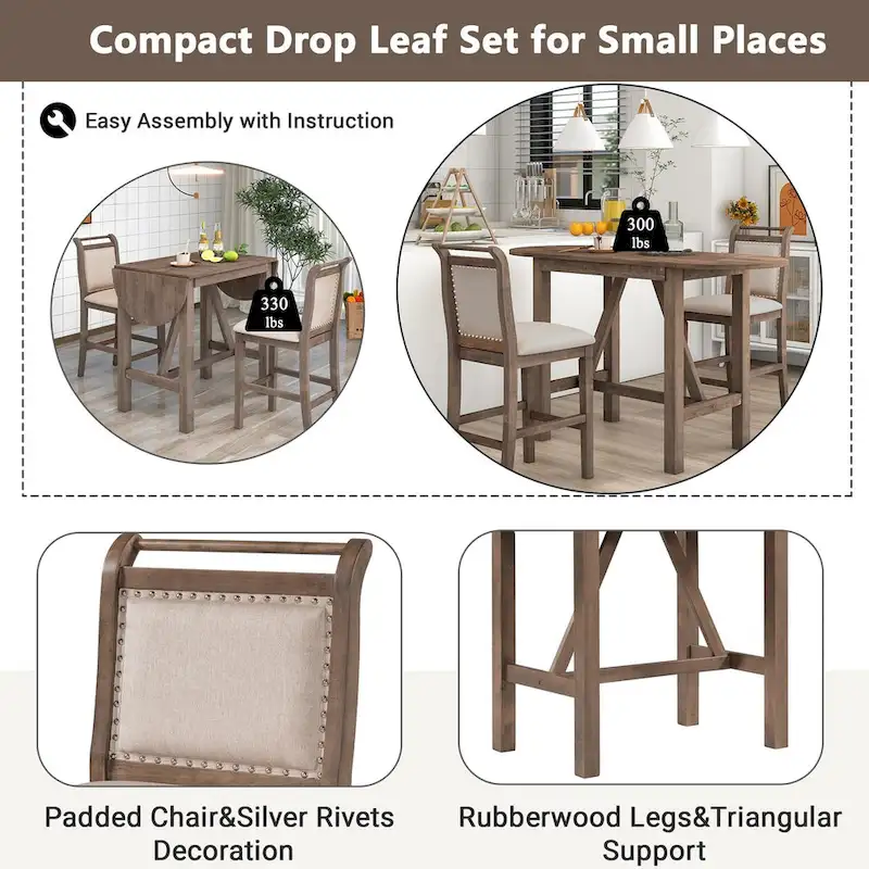 3-Piece Wood Counter Height Drop Leaf Dining Table Set