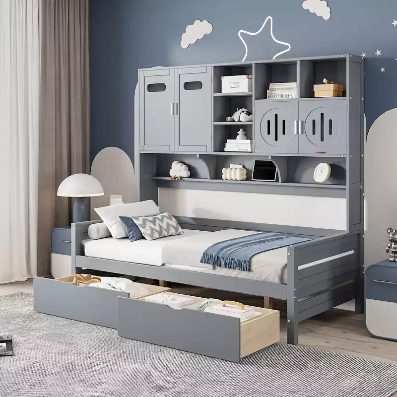 Twin/Full Size Wooden Daybed with 2 Drawers, All-in-One Cabinet and Shelves