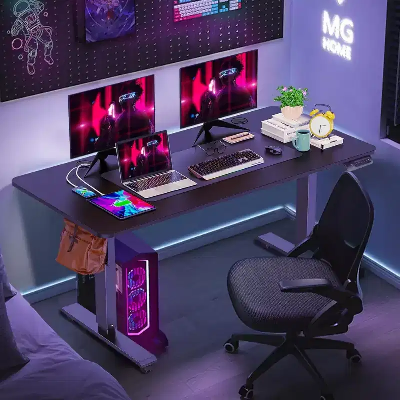 Electric Standing Computer Desk Adjustable Height 63in with Outlet Rolling Wheels Dual-Beam Frame Mouse Pad Spliced Desktop