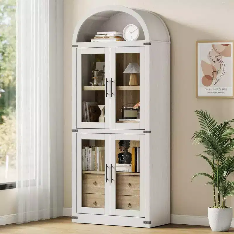 Arched Farmhouse Bookshelf with Doors & Drawers – 71.4