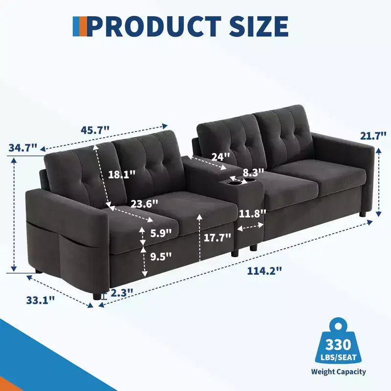 Modern Sectional Couch for 4, Compact caoch with Storage Console, Charging Station & Cup Holders, for Family Rooms, Small Spaces