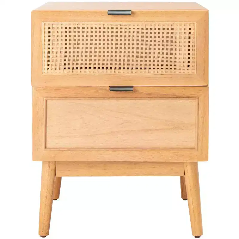 2-Drawer Rattan Nightstand with Splayed Legs, Mid-Century Coastal Bedroom Table