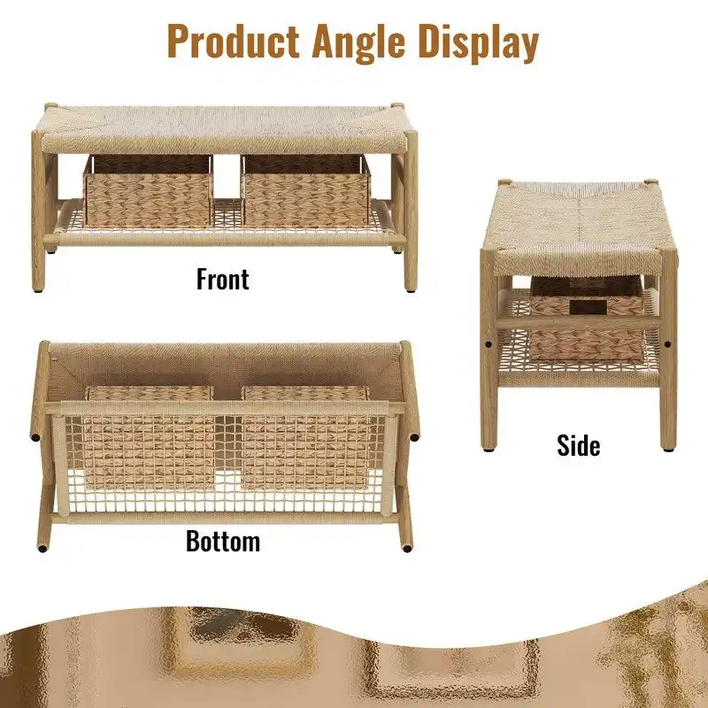 Boho Farmhouse Solid Wood Entryway Shoe Bench with Hand Woven Rope Design and Two Baskets, Natural End To Bed Bench